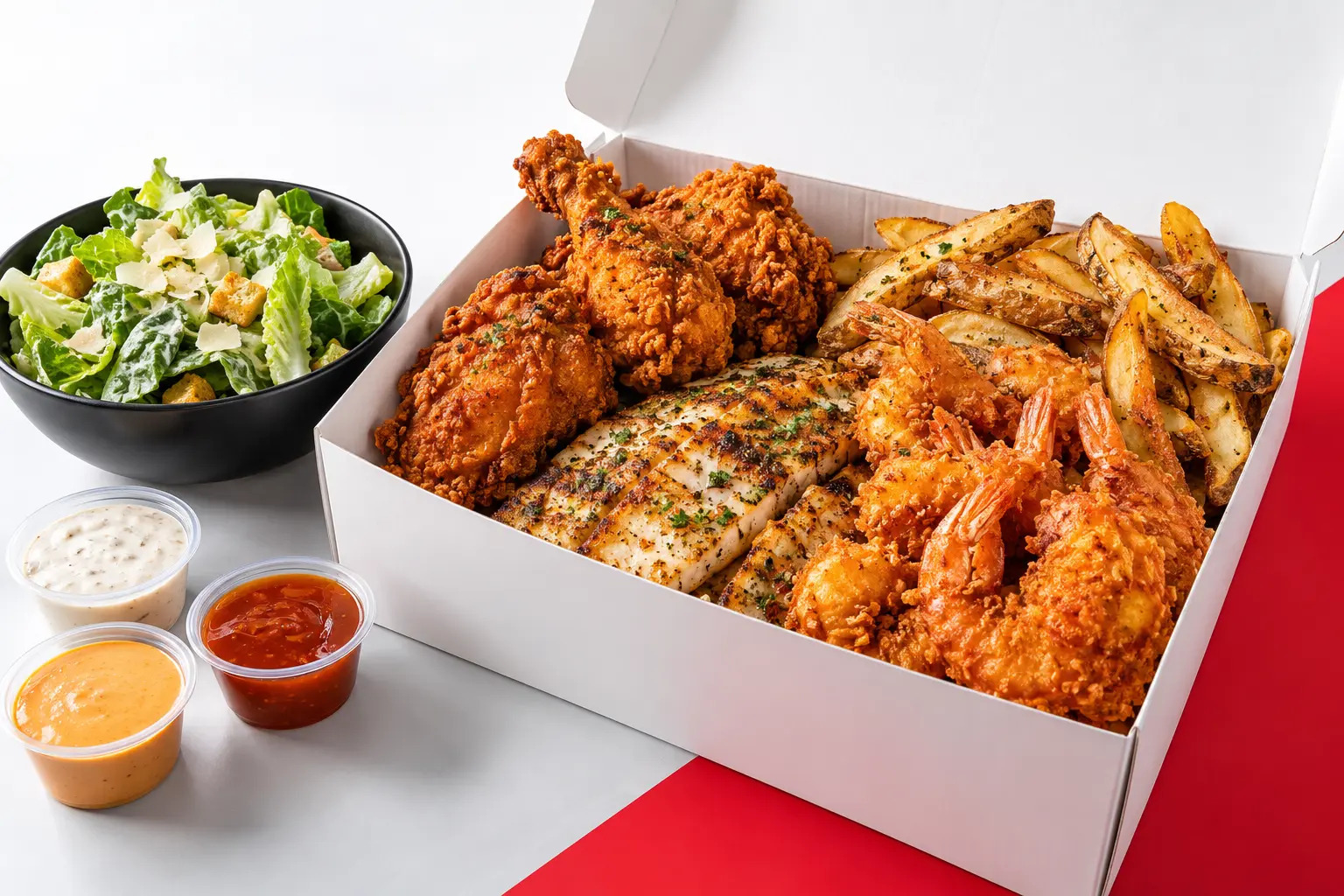 Foodeez chicken, pan-seared fish, jumbo shrimp, burgers, Caesar salad and skin-on chips on a bright background